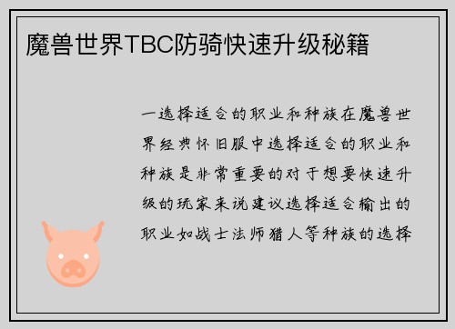 魔兽世界TBC防骑快速升级秘籍